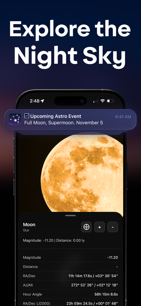Star Gazer & Night Sky Map - Mobile app screen showing a detailed moon image with astronomical data and a supermoon event notification.