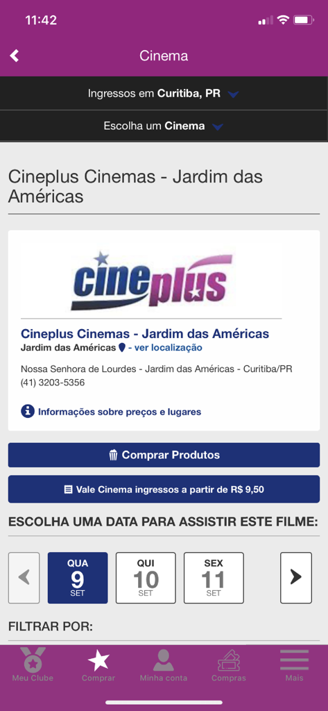 Cineplus - Interface de l'application Cineplus pour choisir les dates de cinéma et les emplacements des salles