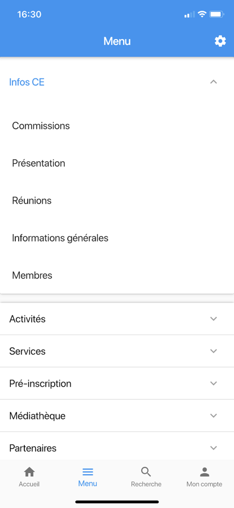 Screenshot of the Garance App menu interface showing employee benefits and company information categories.