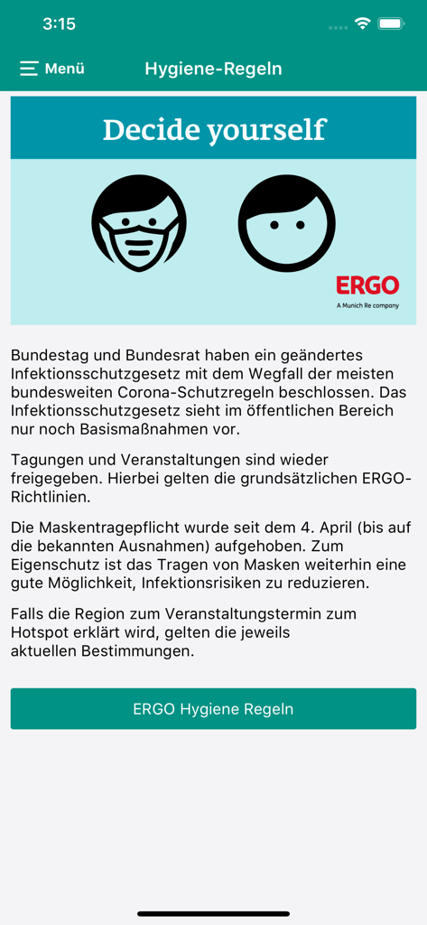 ERGO Events - ERGO Events app hygiene rules screen showing safety guidelines and mask recommendations for event attendees