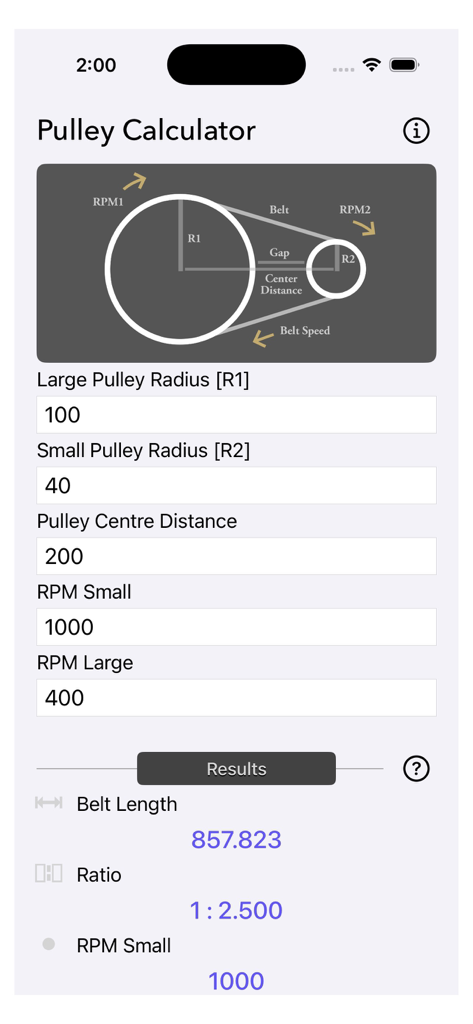 Pulley Calculator mobile app interface displaying belt length and RPM ratio results