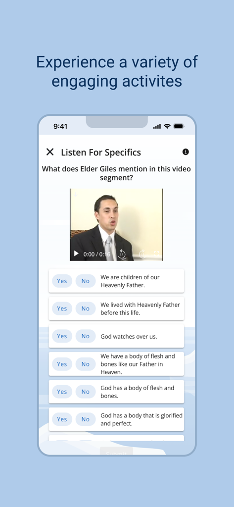 TALL Embark - A listening comprehension activity in the TALL Embark app featuring a video segment and religious vocabulary questions