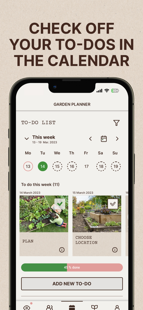 GARDENIZE Plant Care Gardening - Gardenize app interface showing a gardening to-do list and weekly calendar.