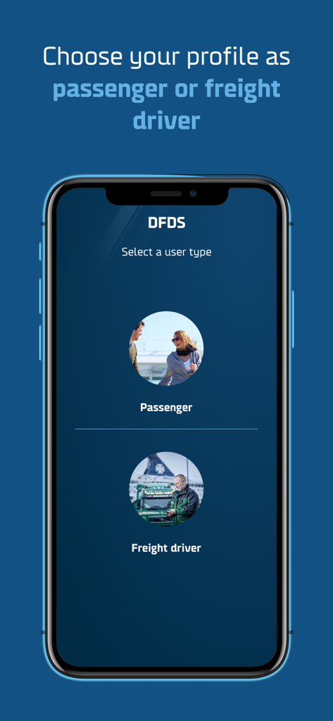 DFDSアプリのユーザータイプ（乗客または貨物ドライバー）選択画面