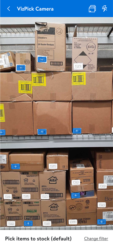MyWalmart - VizPick Camera screen in the MyWalmart app showing warehouse shelves with digital markers for stocking items