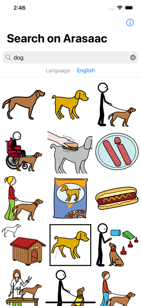 Search on Arasaac - Search results for dog pictograms in the Search on Arasaac app for AAC communication