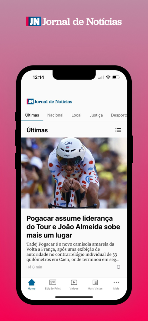 Interfaz de la aplicación móvil Jornal de Noticias con un artículo de noticias sobre el Tour de Francia.