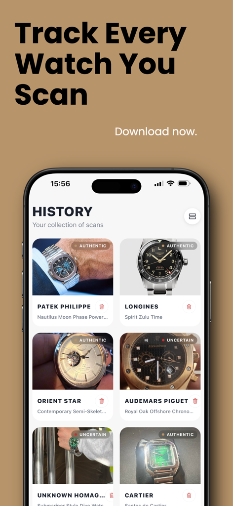Horo ID - Watch Identifier - A collection of scanned watches in the Horo ID app history screen