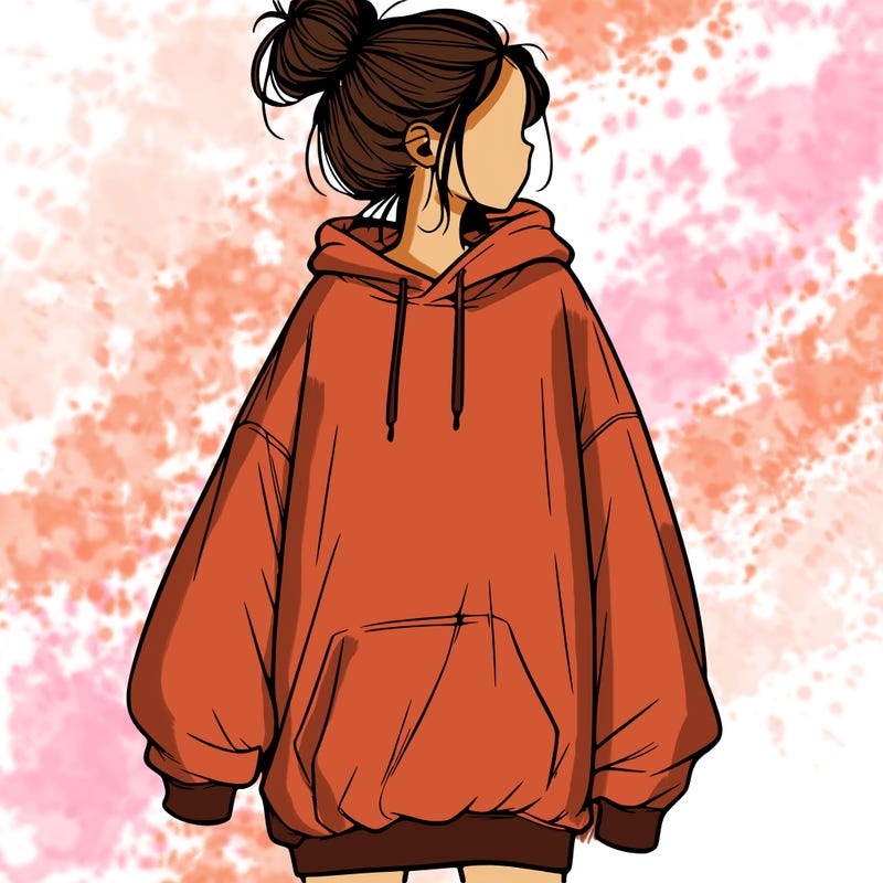 realistic girl with a oversized sweatshirt on and a bun