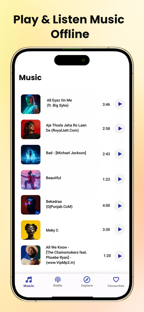 Rocks Music Player 앱 인터페이스, 오프라인 청취 가능한 노래 목록 표시
