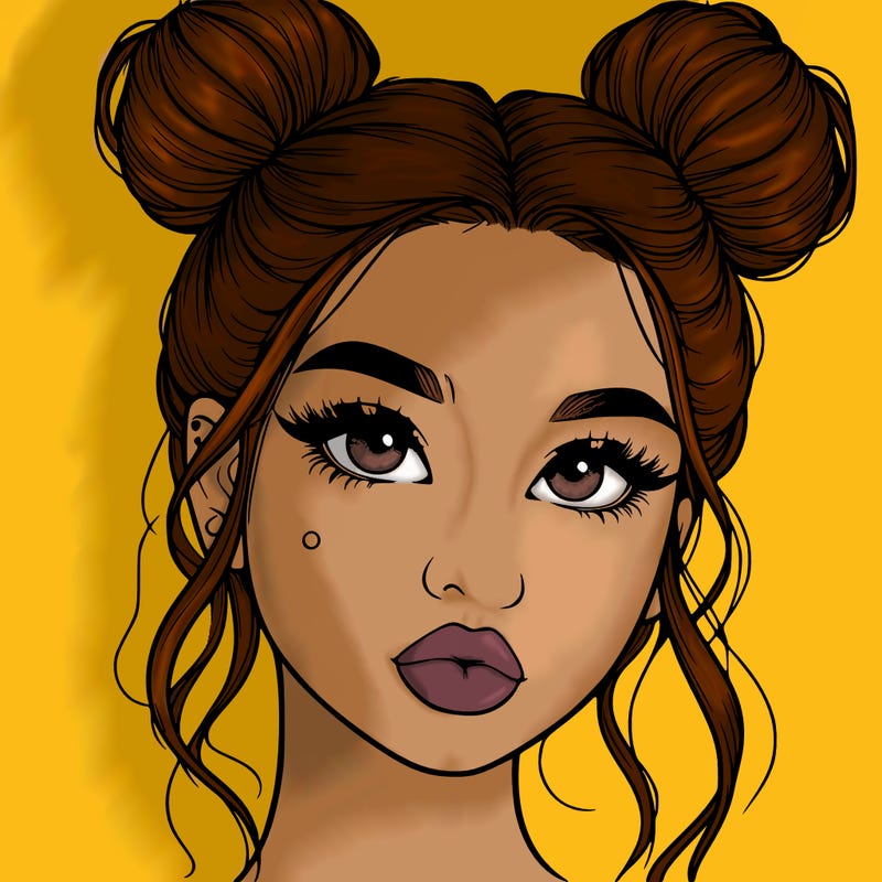 realistic girl with two buns on her hair and lips