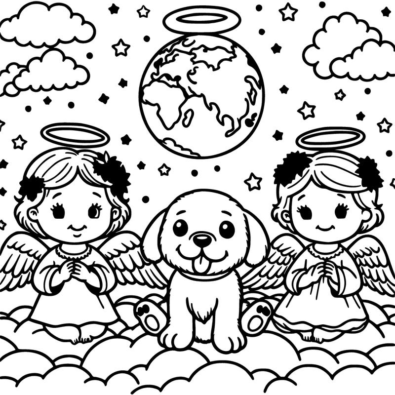 2 baby ángels and a dog ángel in the clouds abibe earth