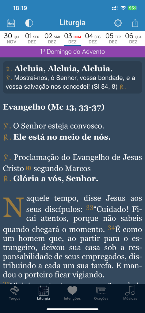 Smartphone screen showing the Pocket Terço app displaying the daily Catholic liturgy in Portuguese for the First Sunday of Advent.