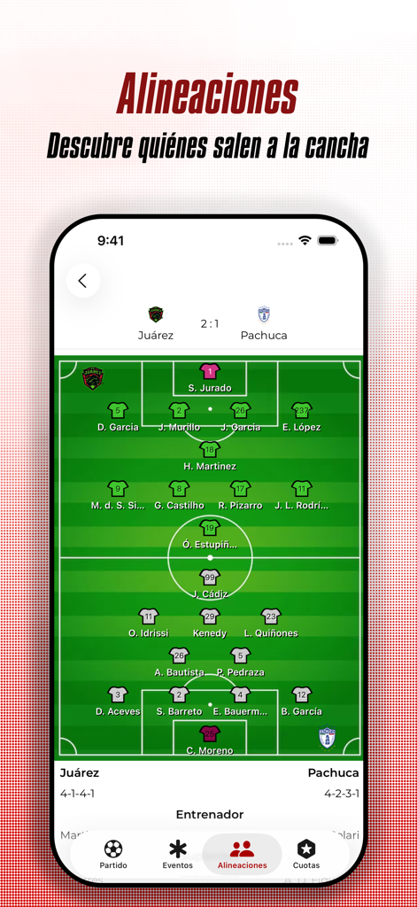 Pantalla de la app Liga Futbol MX mostrando alineaciones de partidos de fútbol y formaciones de jugadores en un gráfico de campo