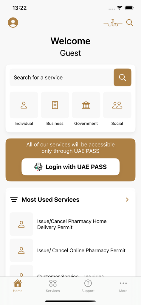 MOHAP - MOHAP app interface showing the guest home screen with UAE PASS login and healthcare service categories