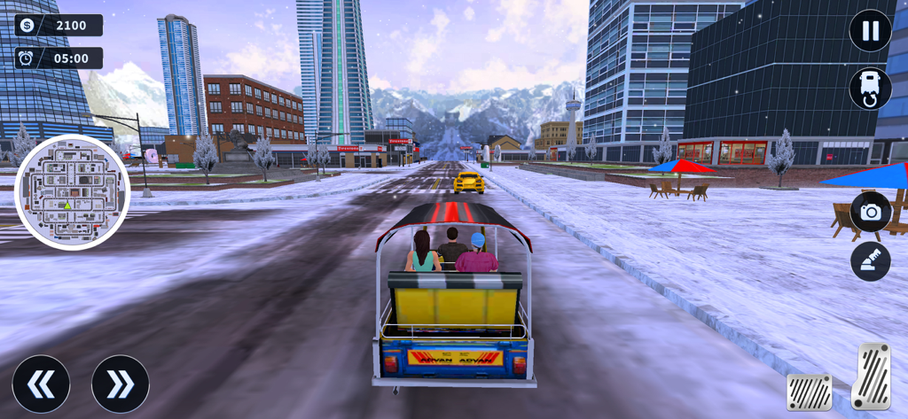 Tuk Tuk Rickshaw Simulator - A blue and yellow auto rickshaw driving passengers through a snowy city street in the Tuk Tuk Rickshaw Simulator game.