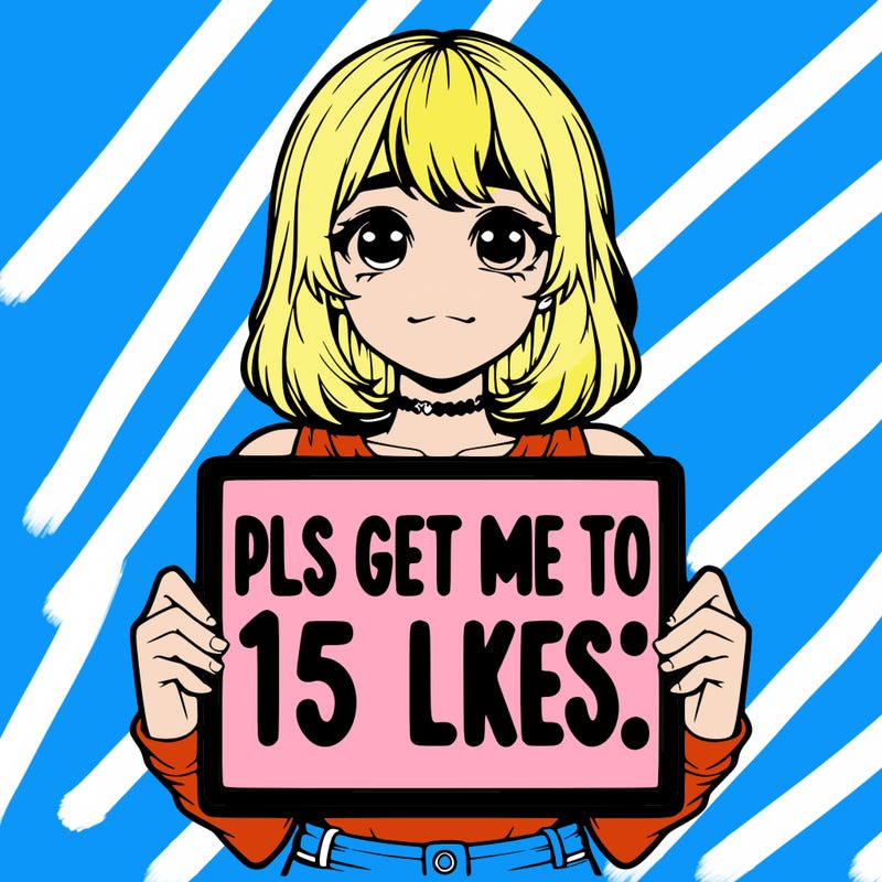 realistic girl holding up a sign that says “pls get me to 15 likes!”
