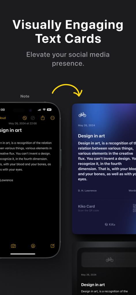 Kiko Card:Text Post & Carousel - A screenshot showing the transformation of a plain mobile note into an aesthetic blue gradient social media text card