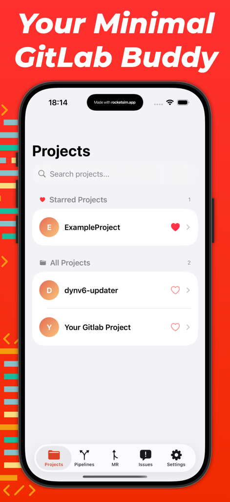 Glance for Gitlab - Mobile phone screenshot of the Glance for GitLab app displaying a list of starred and all projects on an iPhone.