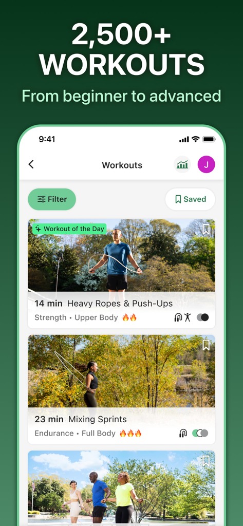 Jump Rope Training | Crossrope - Crossrope mobile App-Bildschirm zeigt eine Bibliothek mit über 2500 Seilspring- und Körpergewichtsübungen für alle Fitnesslevel