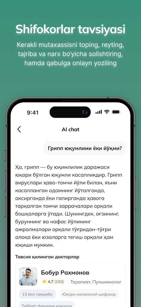 Sino AI - A interface do aplicativo Sino AI exibindo um chat de assistente de saúde de IA e perfis de médicos recomendados para facilitar o agendamento