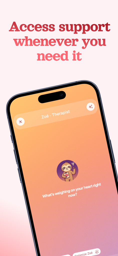 Refeel – Get Over Your Ex - Interface do aplicativo Refeel mostrando um personagem bicho-preguiça terapeuta virtual fornecendo apoio emocional