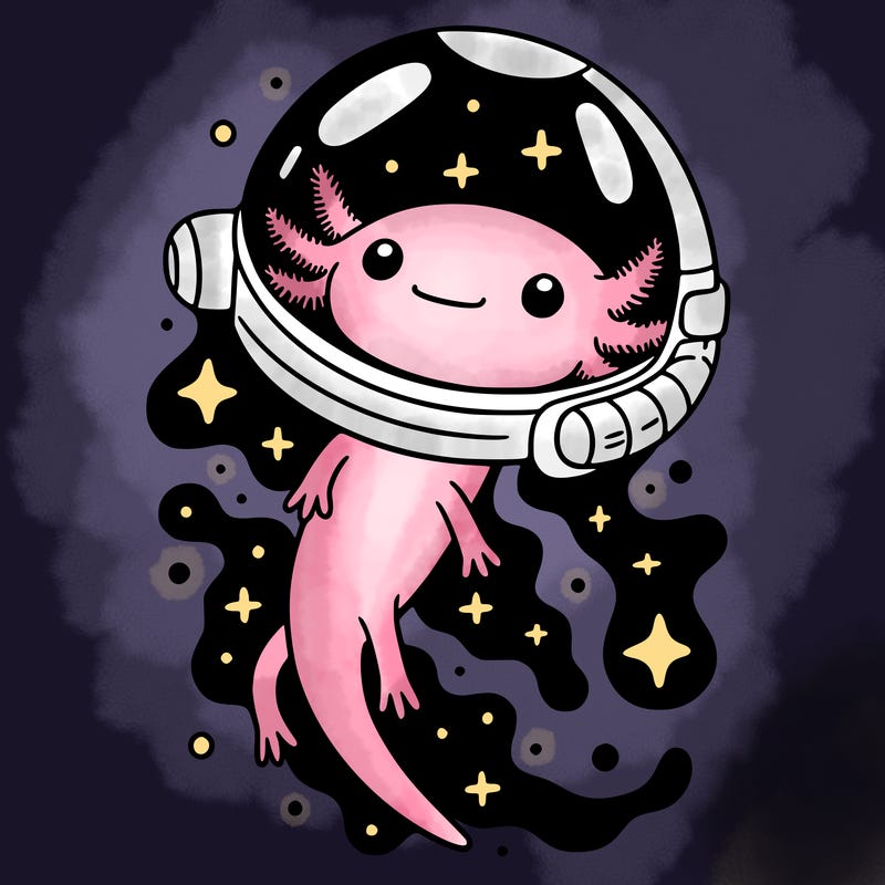 skinny axolotl floating in space with a space helmet on