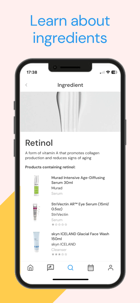 Un écran d'application mobile montrant des informations détaillées sur le rétinol et une liste de produits de soin de la peau qui en contiennent.