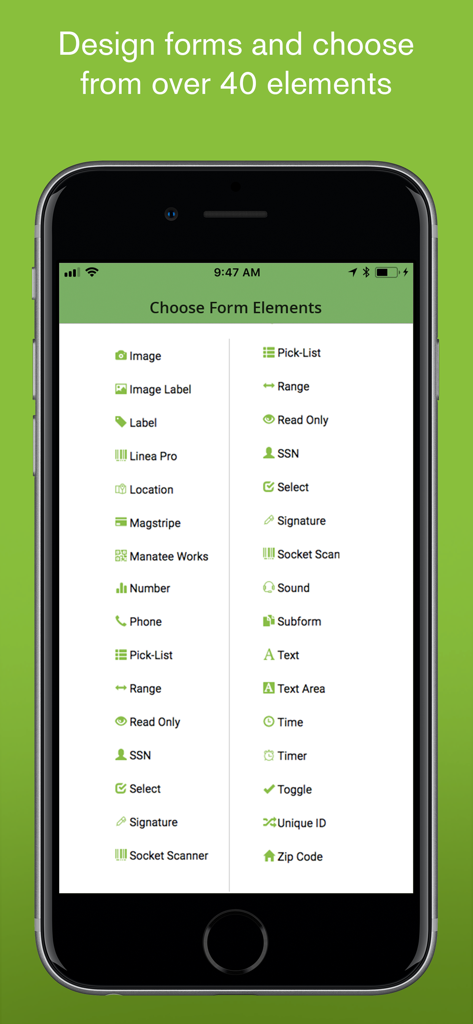 iForm mobile app screen showing a list of form elements for custom data collection forms