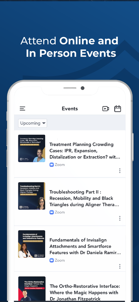 Aligner Dental Academy - Mobilbildschirm, der eine Liste bevorstehender Online- und Präsenzveranstaltungen und Webinare zur zahnmedizinischen Fortbildung anzeigt