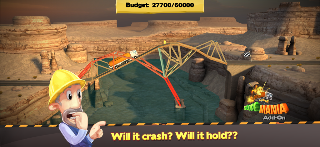 Bridge Constructor - A tanker truck crossing a bridge under structural stress in Bridge Constructor SlopeMania.