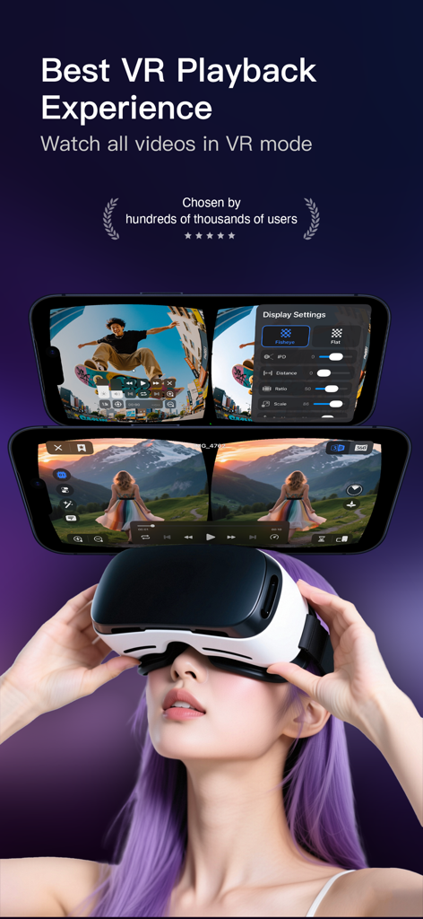 A woman using a VR headset with the rPlayer app showing 3D video settings and side by side playback on smartphone screens.