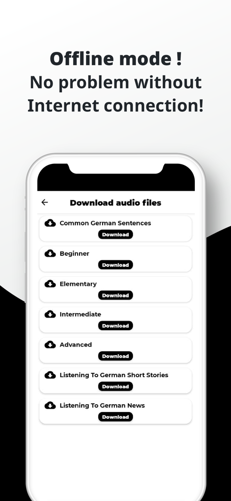 Écran de smartphone montrant diverses options de téléchargement audio en allemand pour l'apprentissage hors ligne, y compris les niveaux débutant, intermédiaire et avancé