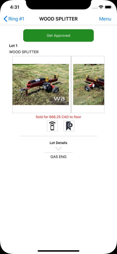 Weaver Auctions - Screenshot of the Weaver Auctions app showing a lot for a gas engine wood splitter sold for 666.25 CAD.