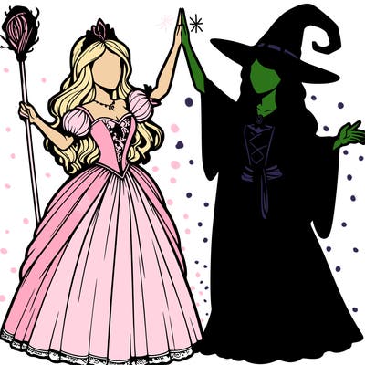 detailed realistic split of a princess and a witch