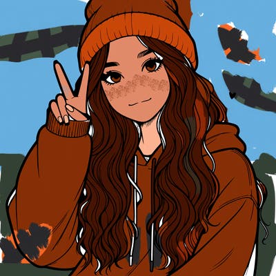 a teenage girl in a beanie, oversized sweatshirt, wavy long hair, and is showing a ✌️