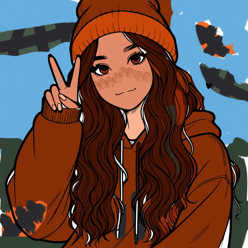 a teenage girl in a beanie, oversized sweatshirt, wavy long hair, and is showing a ✌️