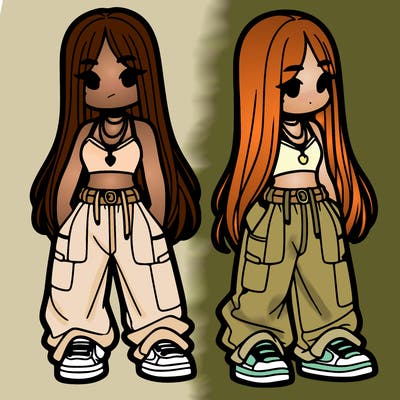 girl in baggy pants crop top and long hair