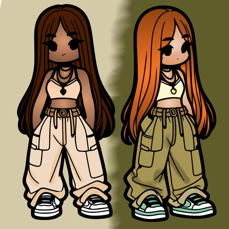 girl in baggy pants crop top and long hair