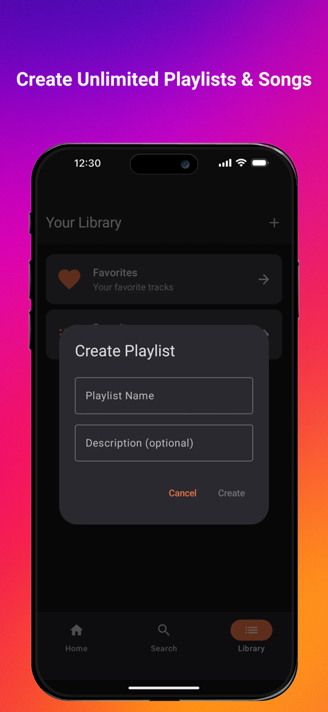 AI Music & Songs Maker - User interface of Soun app showing a pop-up modal to create a new music playlist in the library section.