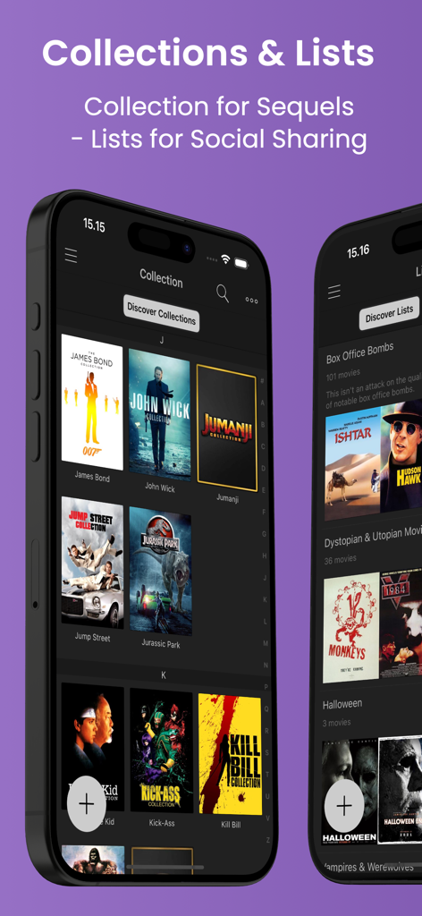 My Movies 6 - Movie & TV List - Interface of My Movies 6 showing movie collections organized by sequels and curated lists