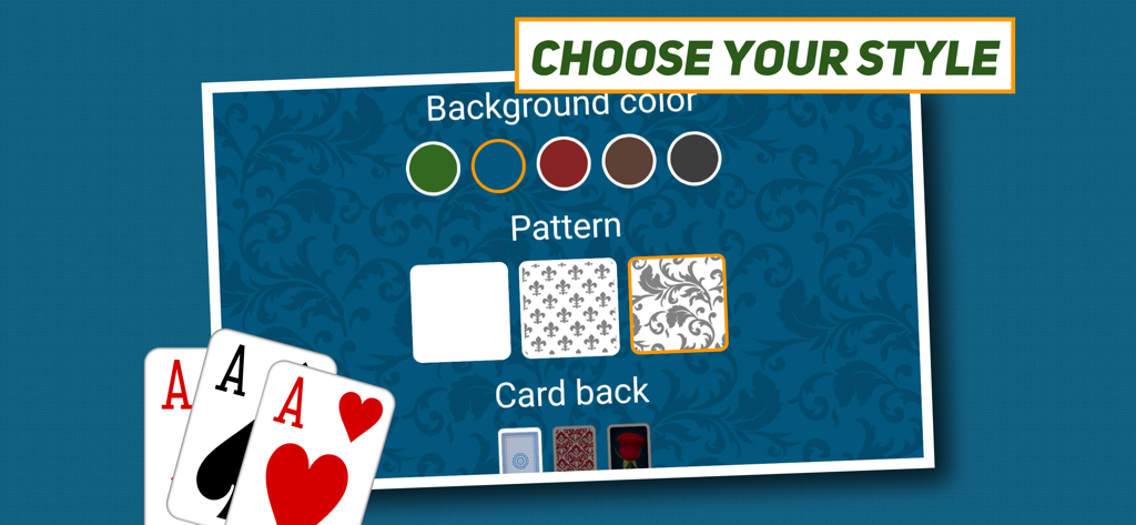 Customization screen in FreeCell Solitaire showing options for background color, table pattern, and card back design.
