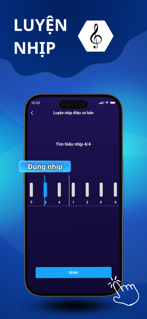 Rhythm training interface in the Ikara karaoke app showing 4 by 4 beat exercises