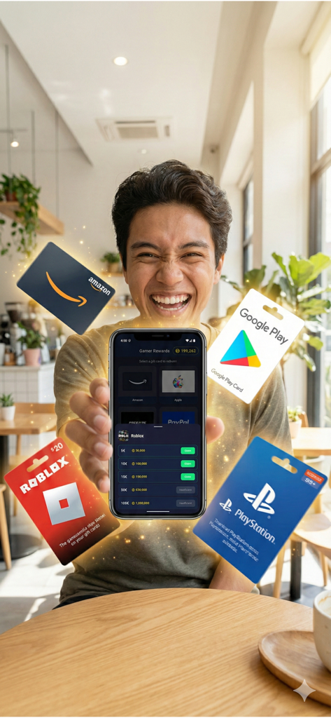 Uomo felice che tiene in mano un telefono che mostra l'app Game Rewards e buoni regalo digitali