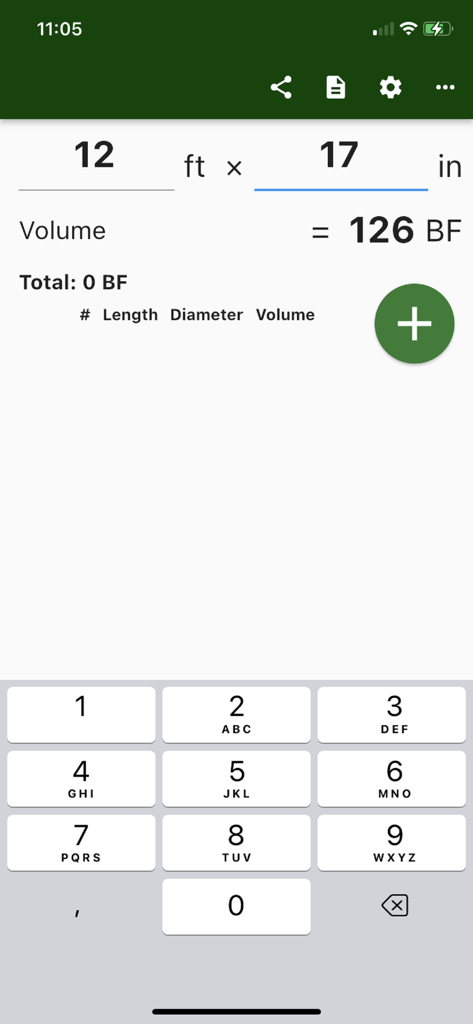 Timberlogアプリのインターフェース。丸太の材積計算画面で、ボードフィート単位の材積が表示され、数字キーパッドと大きなデータ入力フィールドがある。