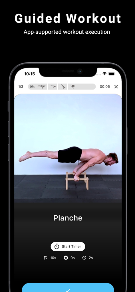 A mobile interface from the Thenics app featuring a guided planche exercise with a video demonstration and timer.