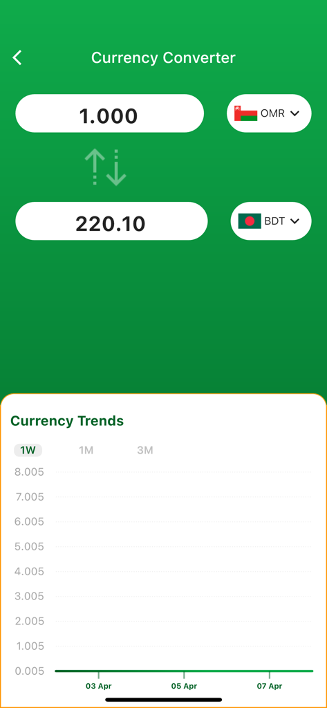 Gulf Exchange - Gulf Exchange app screen displaying a currency converter between Omani Rial and Bangladeshi Taka