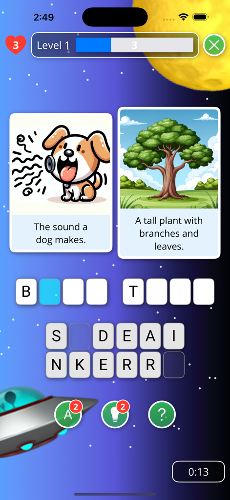 Interface de l'application mobile WordVibes montrant un puzzle visuel avec des indices d'images de chien et d'arbre
