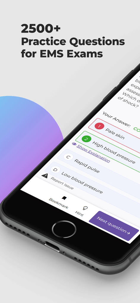 EMS Prep by Achieve - Smartphone displaying a practice question from the EMS Prep app for EMT and Paramedic exam preparation.