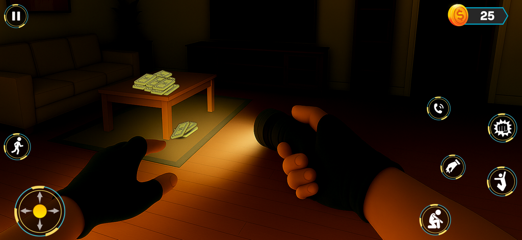 Vue à la première personne d'un voleur utilisant une lampe de poche pour trouver des liasses de billets dans une pièce sombre